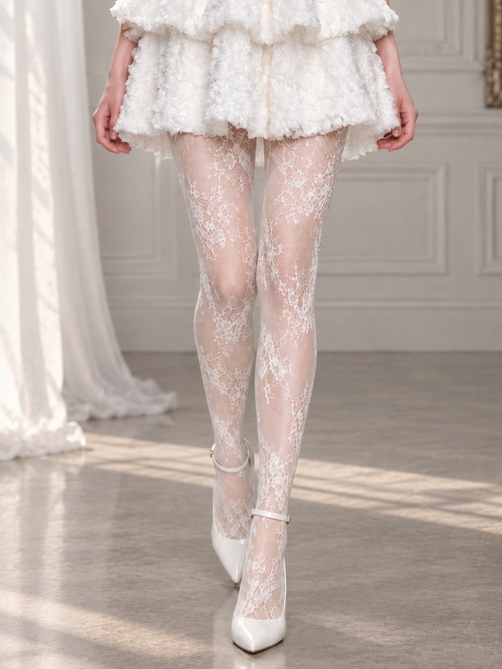 White Floral Lace Fishnet Tights Stockings One Size